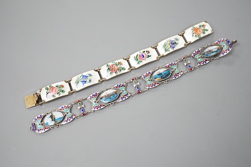 A Norwegian sterling and enamel floral bracelet, 16cm and one other 800 white metal and enamel bracelet, 19cm.